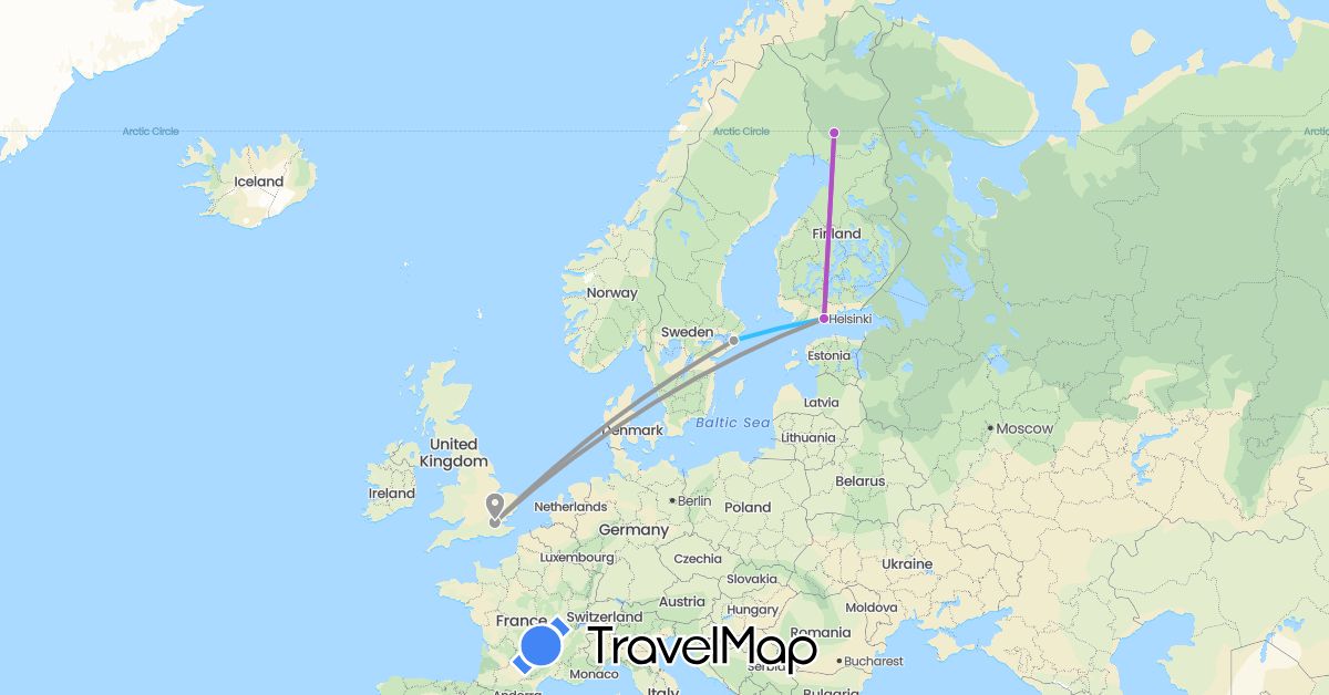 TravelMap itinerary: driving, plane, train, boat in Finland, United Kingdom, Sweden (Europe)